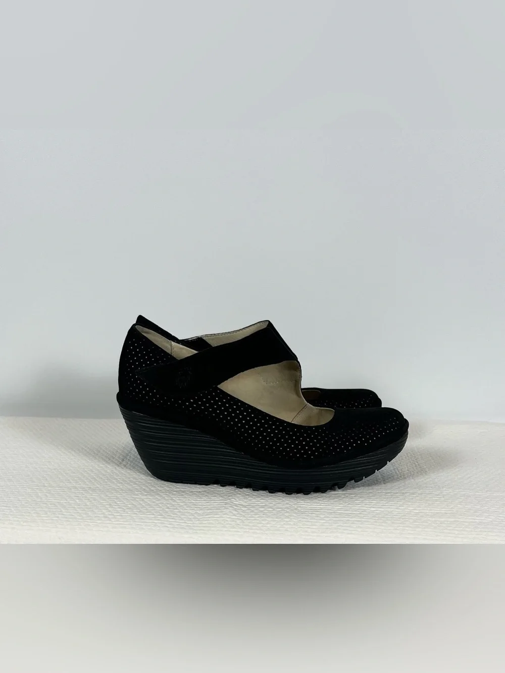 Fly London Black Wedge Mary Jane Slingback Shoes